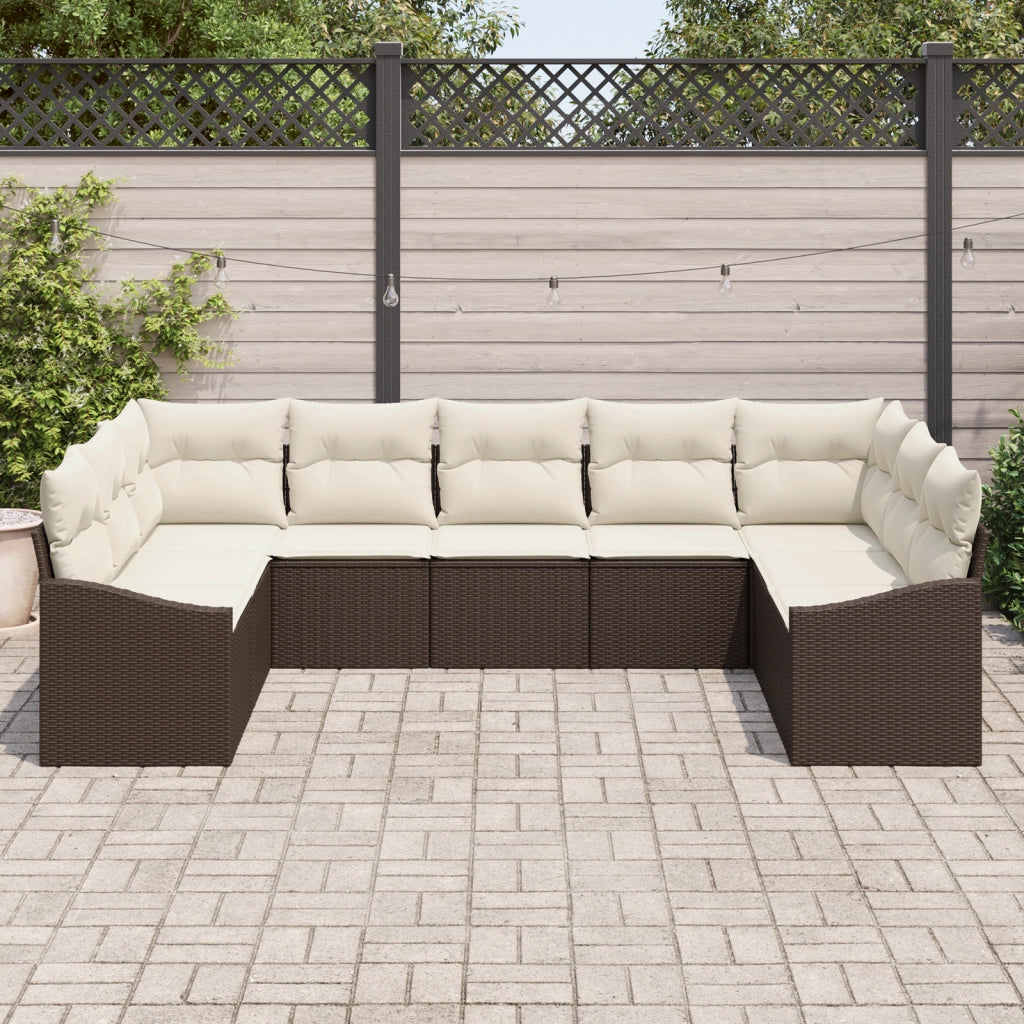 Set da pranzo da giardino di 9 pezzi con cuscini marroni in rattan poli