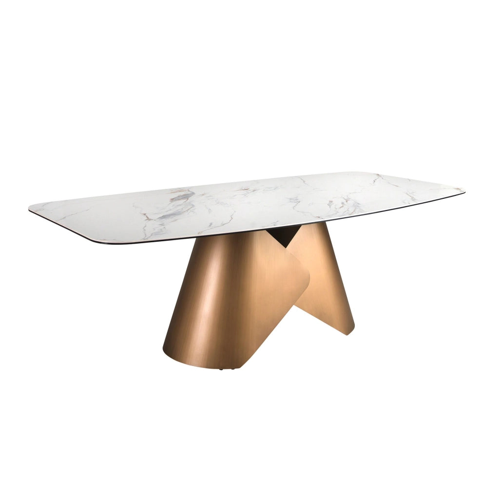 Tavolo da pranzo ovale con fusto in marmo porcellanato e acciaio color bronzo