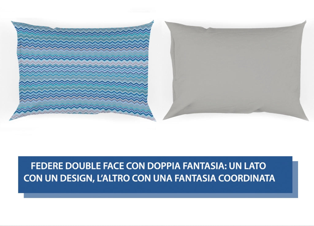 Completo Lenzuola Letto In 100% Cotone Rigato Zig Zag Disegno Baia - Maxi - Azzurro