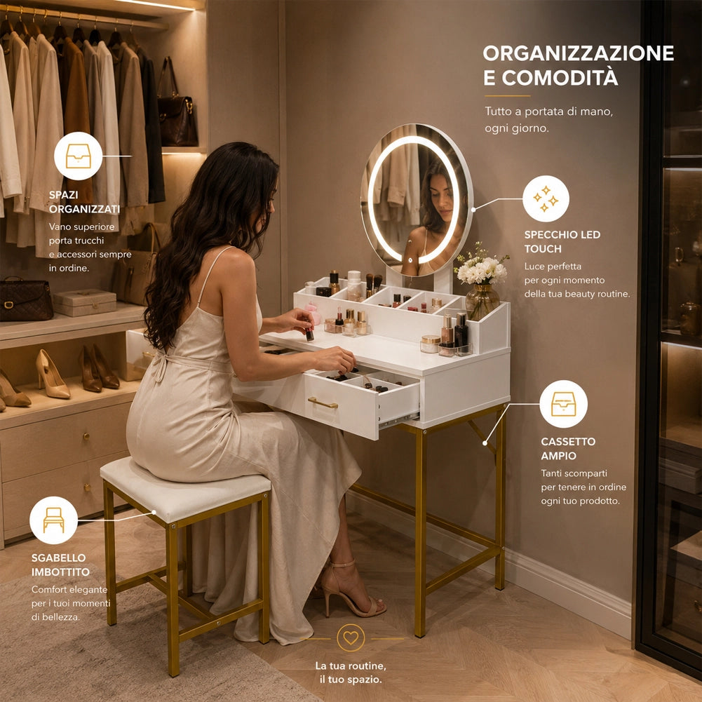 Toeletta Trucco con Sgabello e Specchio Luce LED Postazione Makeup 80x45x141cm