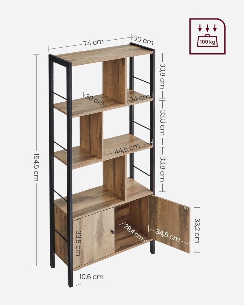 VASAGLE LBC022B50 - Libreria grande con ante, 4 ripiani, struttura in acciaio, stile industriale, per soggiorno, ufficio, colore rovere tostato e nero