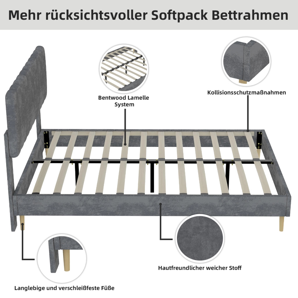 Letto imbottito 160x200 grigio con testiera morbida - Xylo