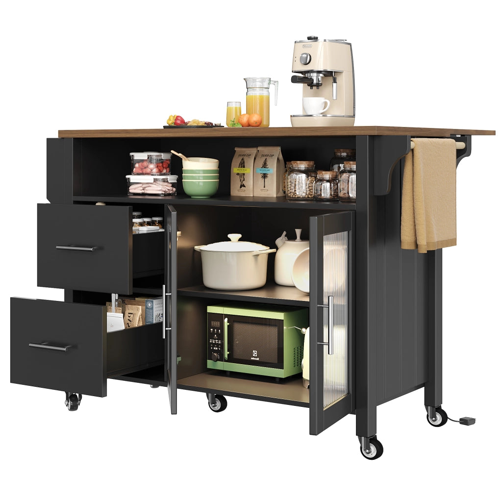 Credenza da cucina con 2 cassetti; ripiani regolabili e LED - per cucina - in MDF - nero