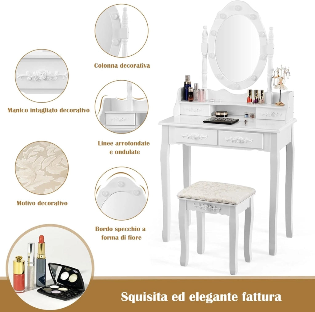 Toeletta Trucco con Specchio Girevole, 10 Luci LED, Luminosità Regolabile, Postazione Trucco con Sgabello e 4 Cassetti, Tavolo da Trucco Scrivania Camera da Letto, 146x75x40cm (Bianco)