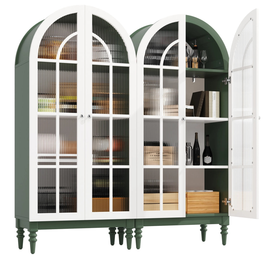 Set di 2 vetrine ad arco 76x38,5x165 cm in MDF verde con vetro rigato HAVRYA