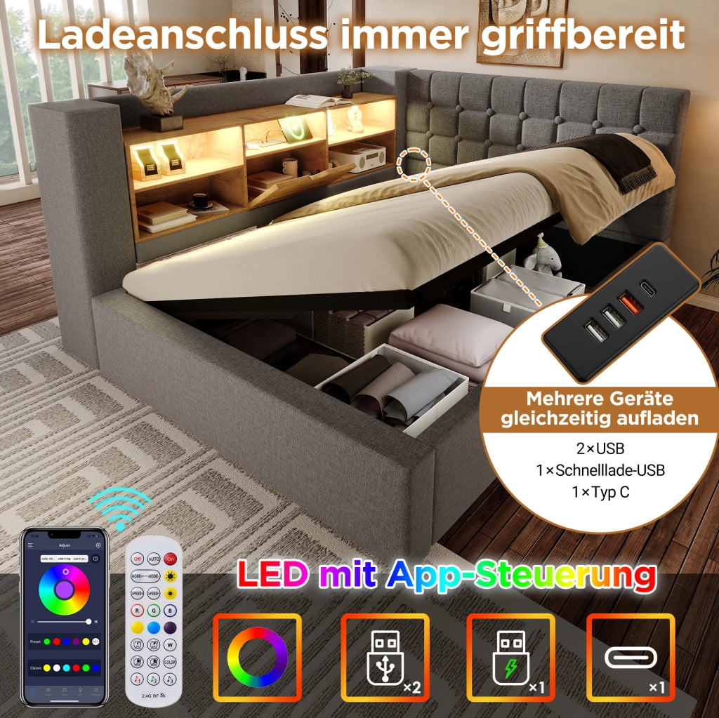 Letto matrimoniale 140x200 cm con contenitore; LED e prese di ricarica; in lino grigio; con materasso