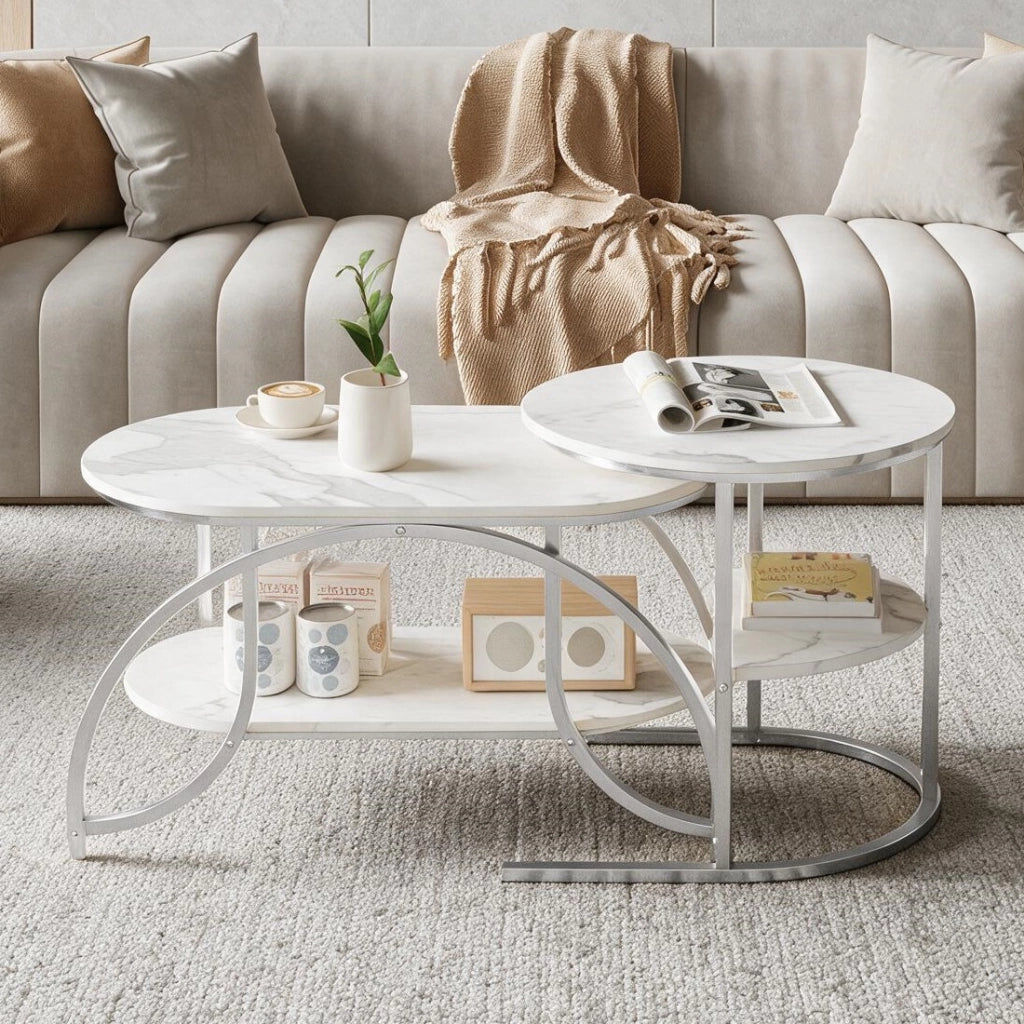 Tavolini da salotto set 2 pezzi 80x46x45 cm con contenitore pieghevoli da divano effetto marmo metallo - argento