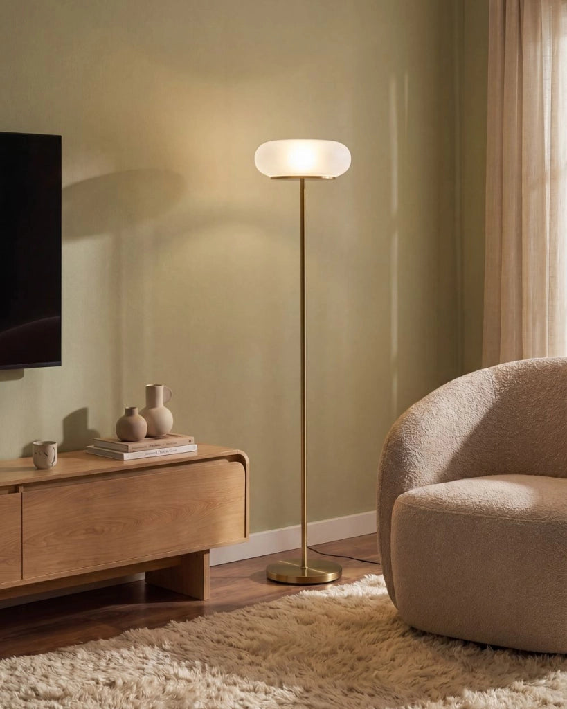 Lampada da terra a LED con paralume ovale in vetro bianco e base in metallo con dimmer, stile retrò