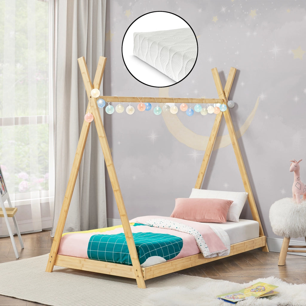 Letto 'Vimpeli' a Forma di Tenda Indiana con Materasso 90 x 200 cm Bambù Naturale [en.casa]