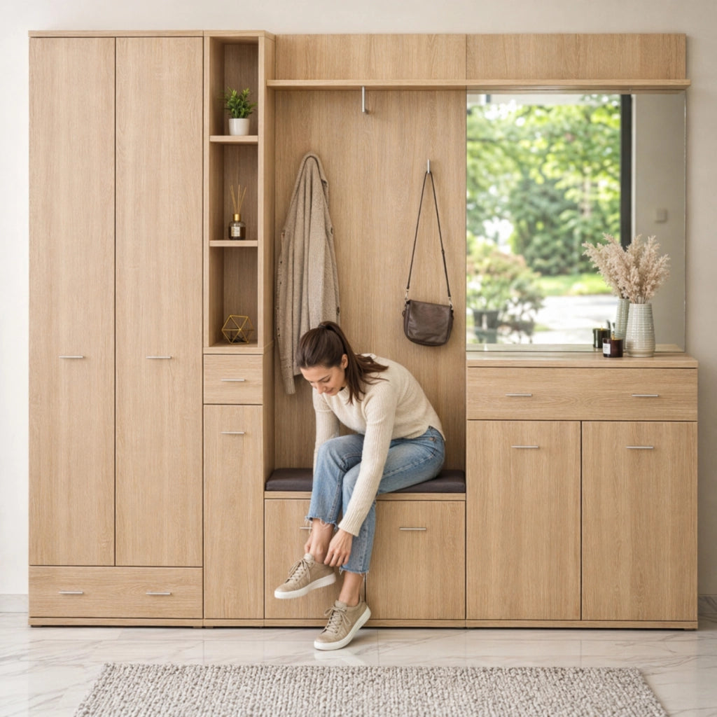 Mobile Ingresso Panca Portascarpe Appendiabiti Set Entrata Anta Specchio Vani Guardaroba Ganci Armadio Contenitore Multifunzione Salvaspazio Per Corridoio Casa Design Moderno 210 x 32 x 203 Cm Rovere