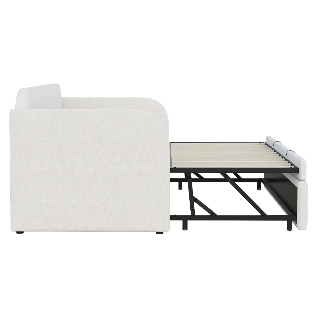 Divano letto imbottito estensibile 90/180 x 190 cm in lino beige; con rete a doghe