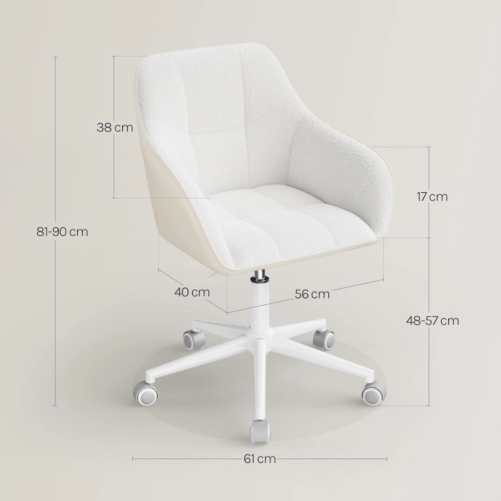 Sedia Ufficio con Braccioli e Rotelle, Poltroncina Regolabile in Altezza Girevole, Sedia da Trucco, Bouclé + PU, Crema+Grigio BS175grcm
