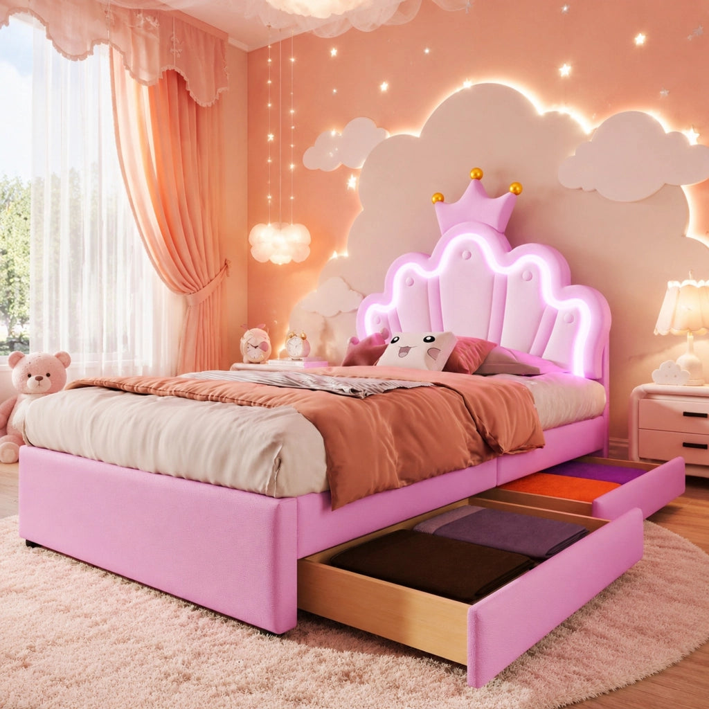 Letto per bambini 90x200 cm rosa con LED e 2 cassetti