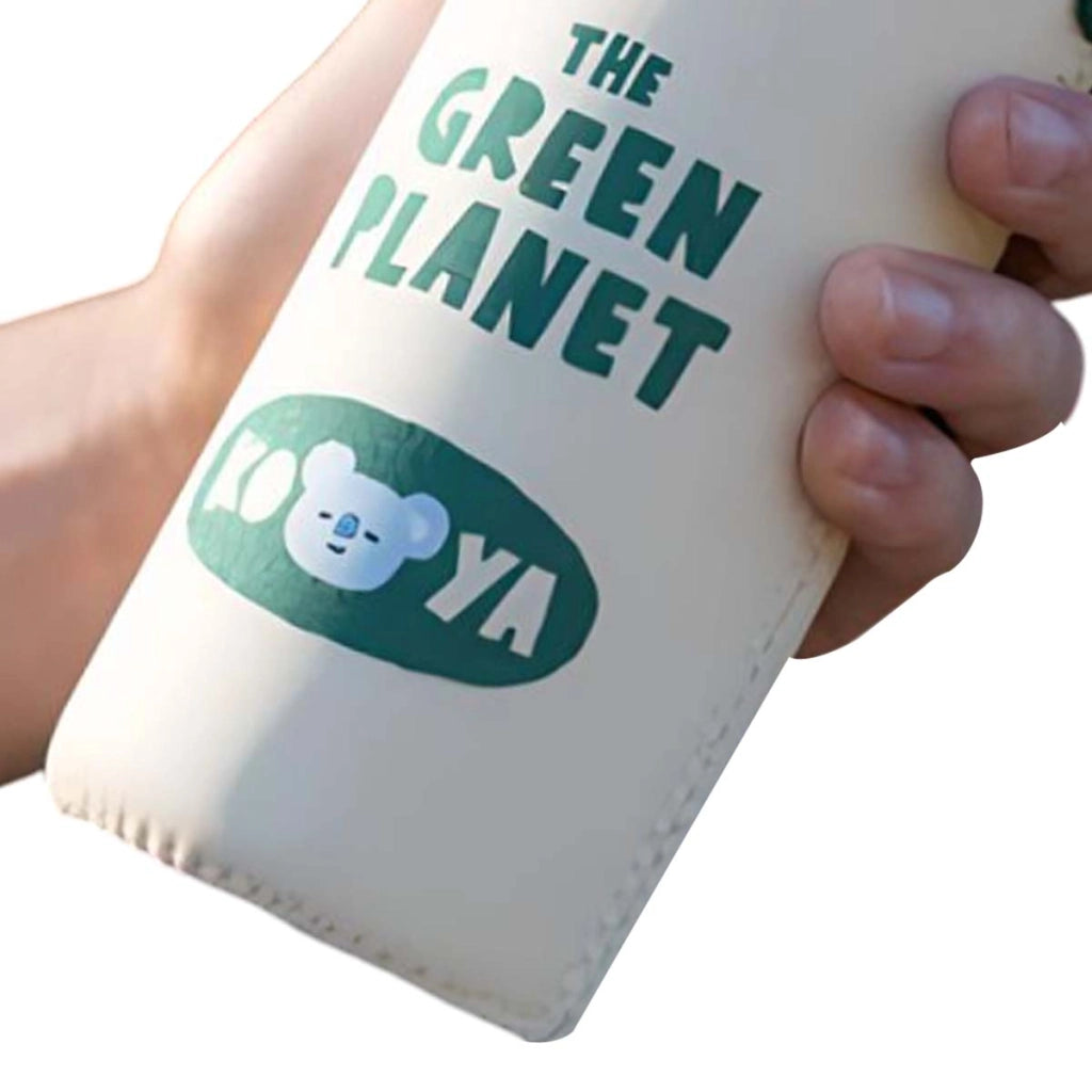 Borraccia in vetro riutilizzabile da 500 ml con motivo KOYA e custodia Bianco / Verde Line Friends BT21