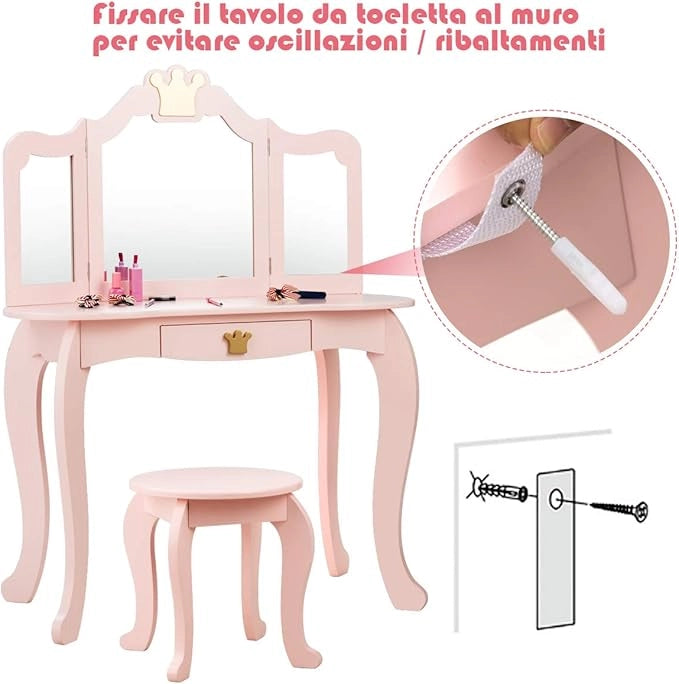 Toeletta Trucco per Bambina Staccabile, Specchiera per Ragazza in Legno con Sgabello e Cassetto, Postazione Trucco 2 in 1 per Cameretta e Cmera da Letto, 80x42x105cm (ROSA)