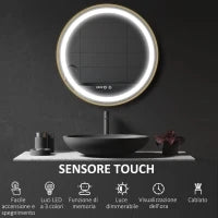 kleankin Specchio Bagno con Luce LED, Luminosità Regolabile a 3 Tonalità e Funzione Memoria, Ø60 cm, Oro