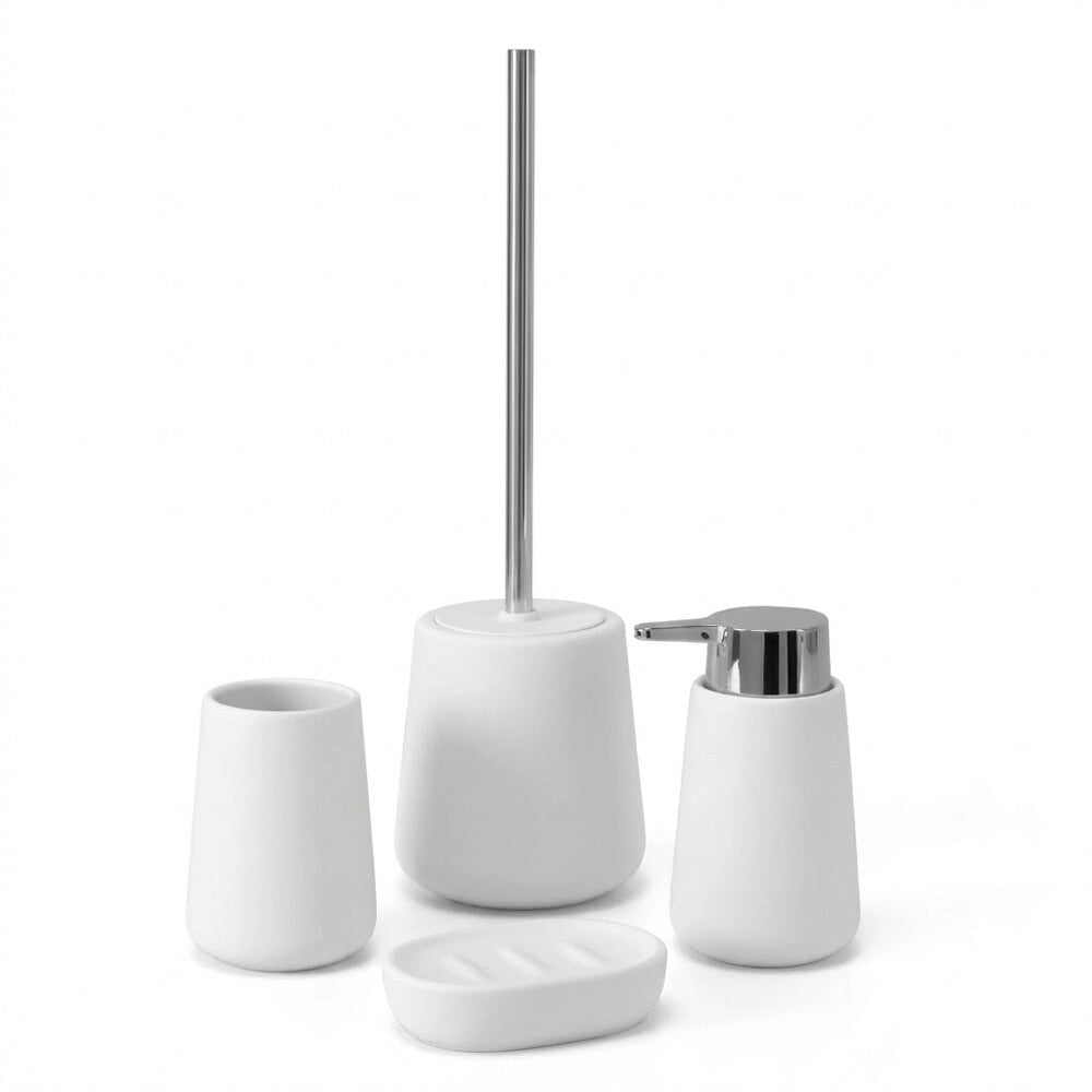 Set accessori bagno in ceramica bianca con dispenser sapone e due portaspazzolini Sidney