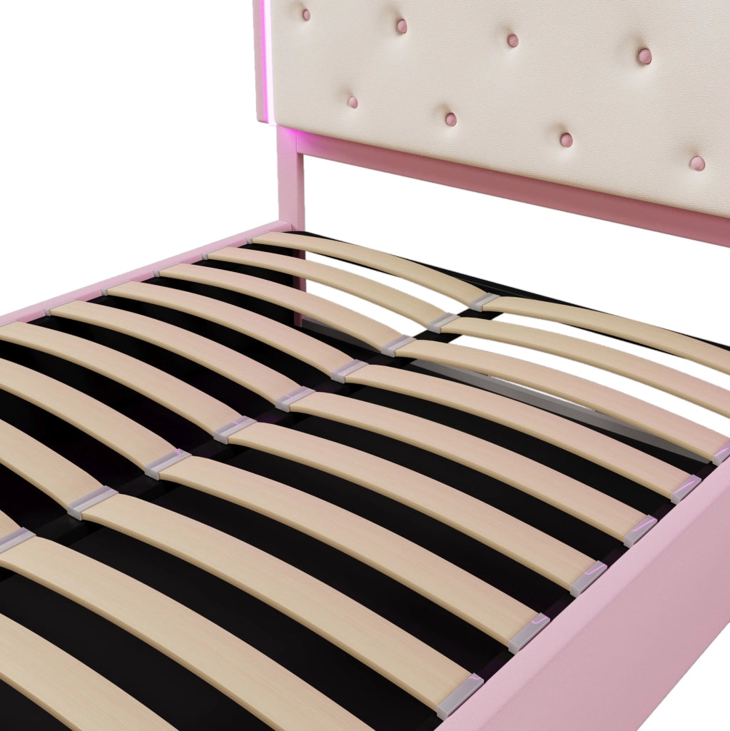 Letto per bambini imbottito con testiera a corona; 140 x 200 cm; PU rosa; con rete a doghe e LED