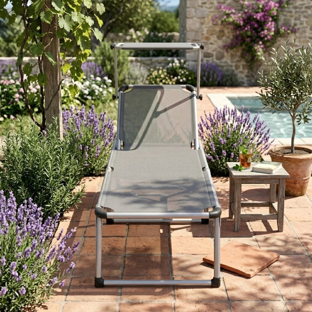 Lettino Pieghevole Prendisole Con Tettuccio Parasole Schienale Reclinabile In 6 Posizioni Regolabili Struttura In Alluminio Sedia Sdraio Per Spiaggia Mare Giardino Piscina 187 x 59 x 29 Cm Grigio Scuro