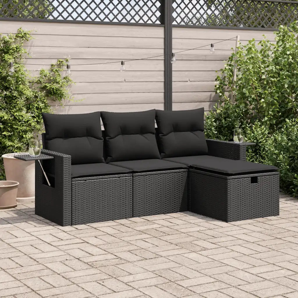 Set Divani da Giardino 4 pz | Set Salotto da Giardino con Cuscini Nero in Polyrattan