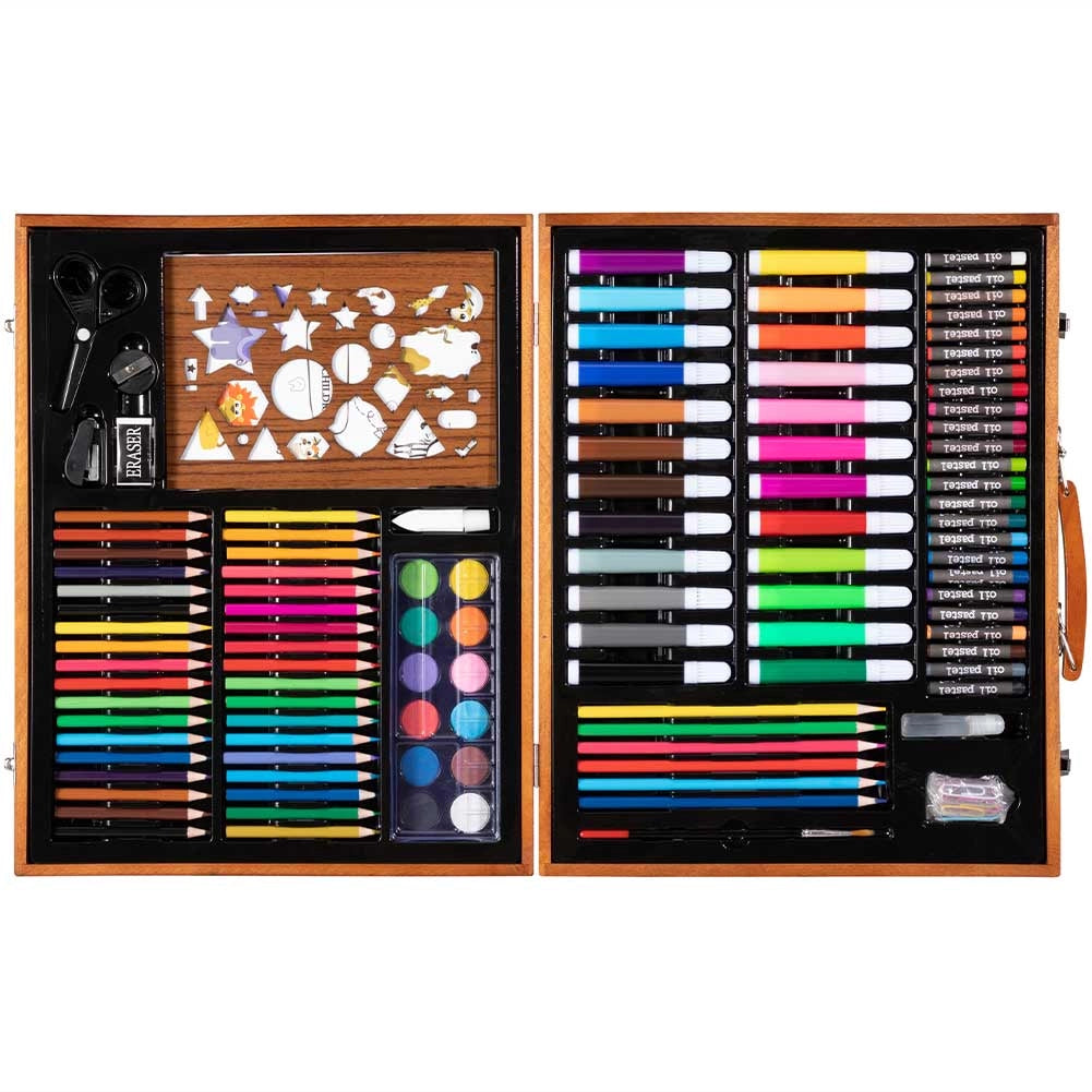 Valigetta di Legno Artista Pittore 110 Pezzi Pennarelli Pastelli Acquerelli Set Professionale