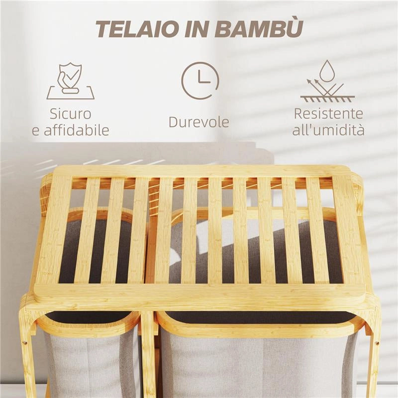 CESTINO PORTABIANCHERIA IN BAMBÙ CON 3 SACCHI E RIPIANI ESTRAIBILI IN TESSUTO 50X32X69.7 CM COLOR BAMBÙ E CREMA