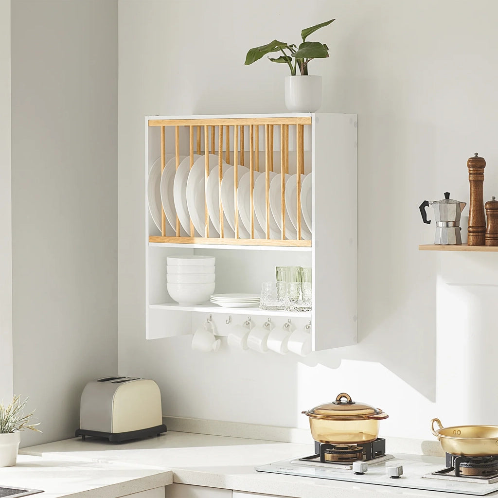 Porta Piatti d'angolo Pensile Cucina Scolapiatti da Muro con 7 Ganci 76x47x12 cm KCR09-W