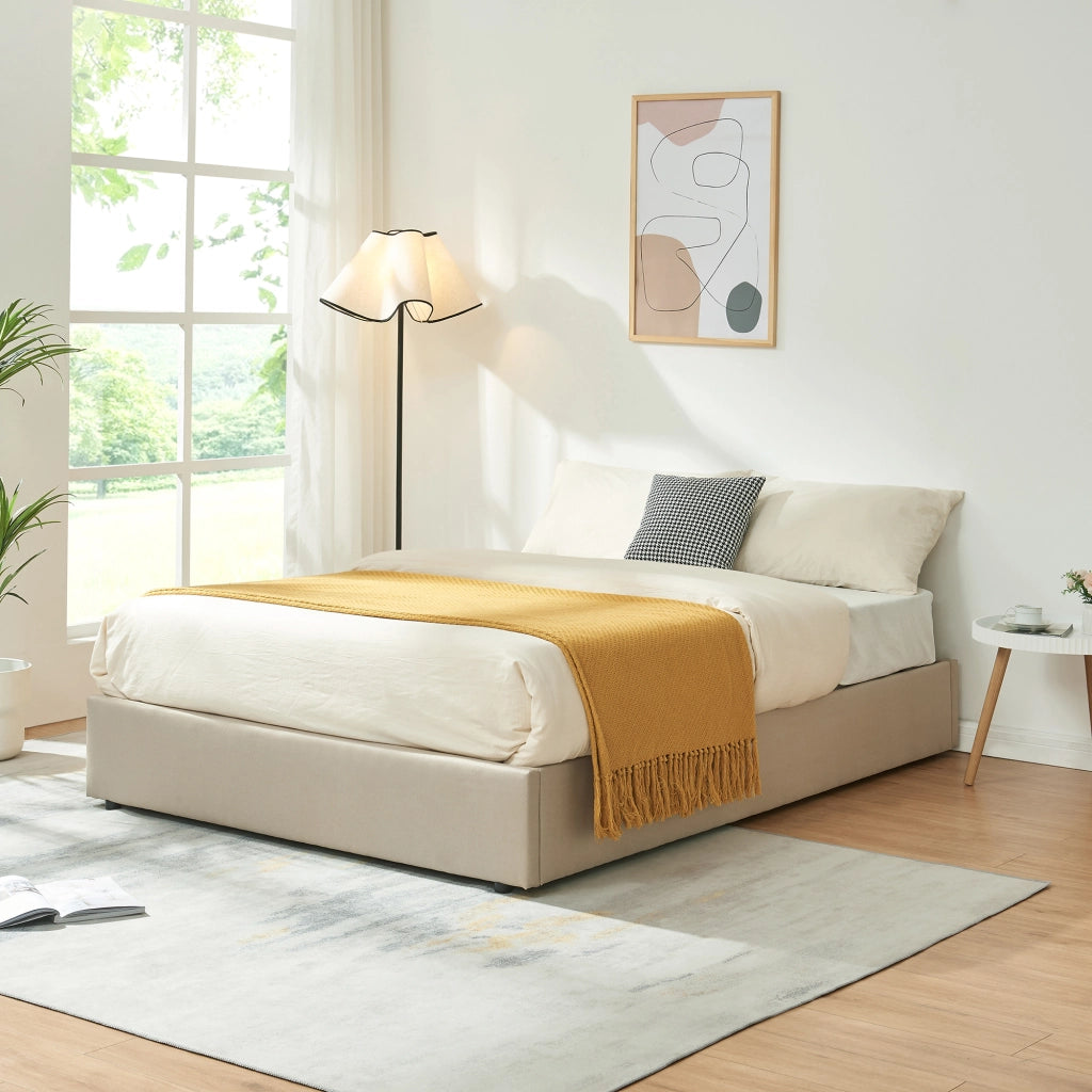 Letto Francese Contenitore Nola 140x200 cm Apertura a Ribalta Rivestito in Tessuto Lino - Beige [en.casa]