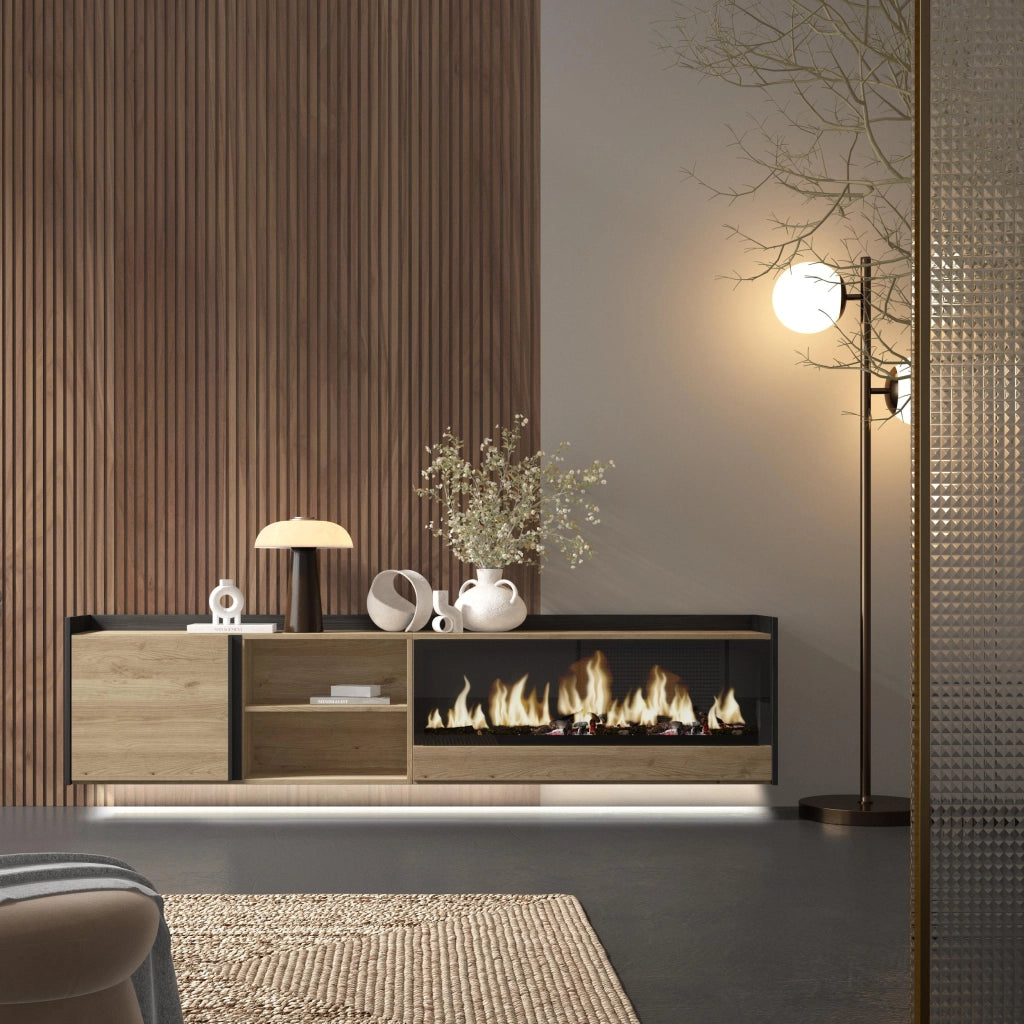 Mobile TV Soggiorno, 212x50x35 cm, Per TV fino a 80", Camino elettrico XXL, Sospeso, da appendere, LED, Rovere e nero