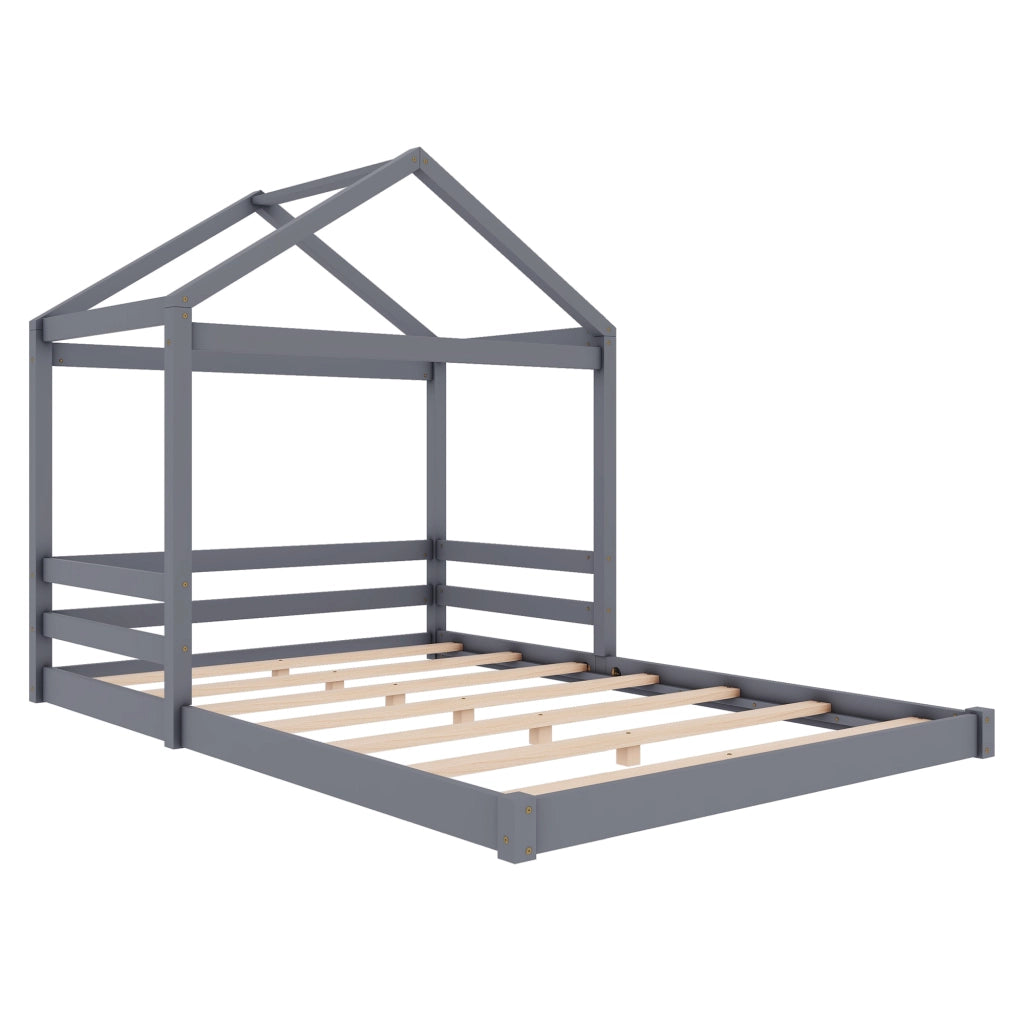 Letto a casetta per bambini 140x200 cm in pino e MDF con rete a doghe, grigio
