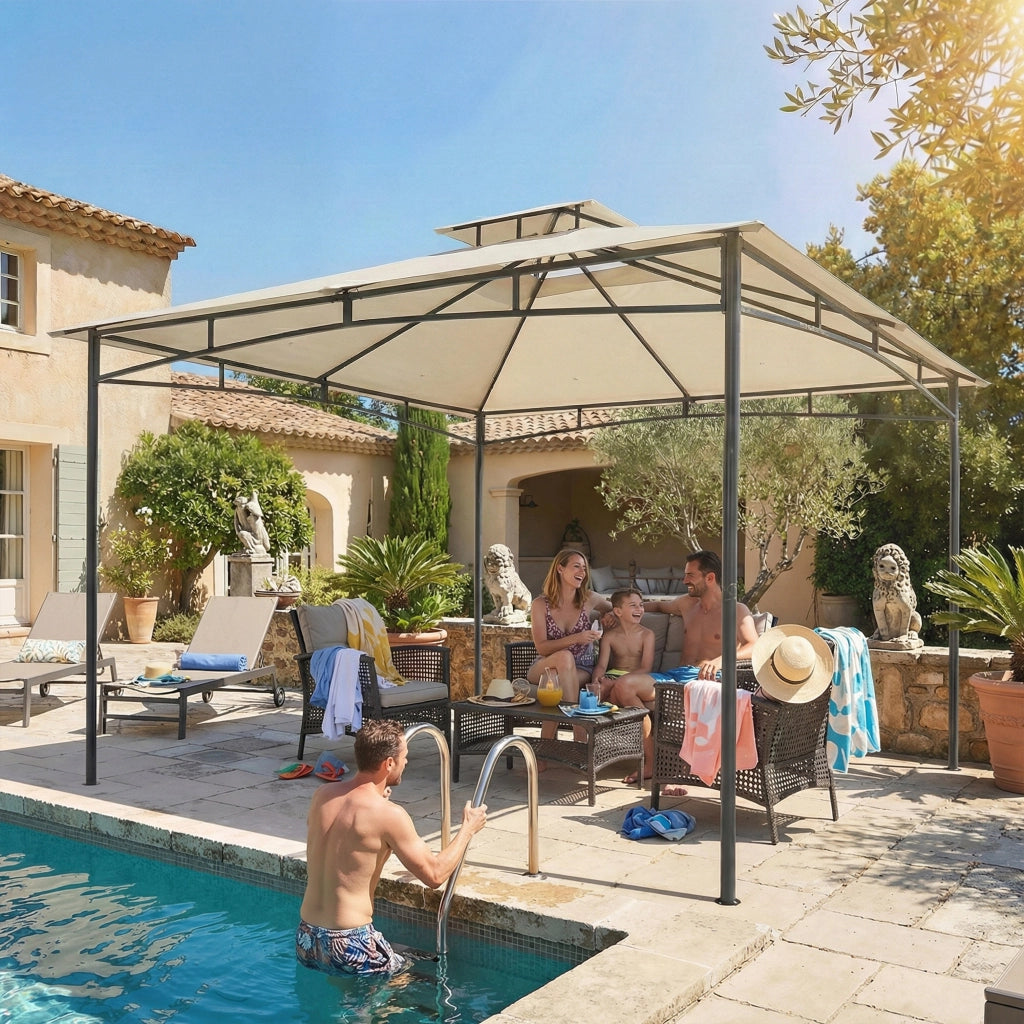 Gazebo 3x3m Ripellente per l'acqua; stabile e impermeabile per l'inverno; con telaio superiore retrattile; doppio tetto bianco crema