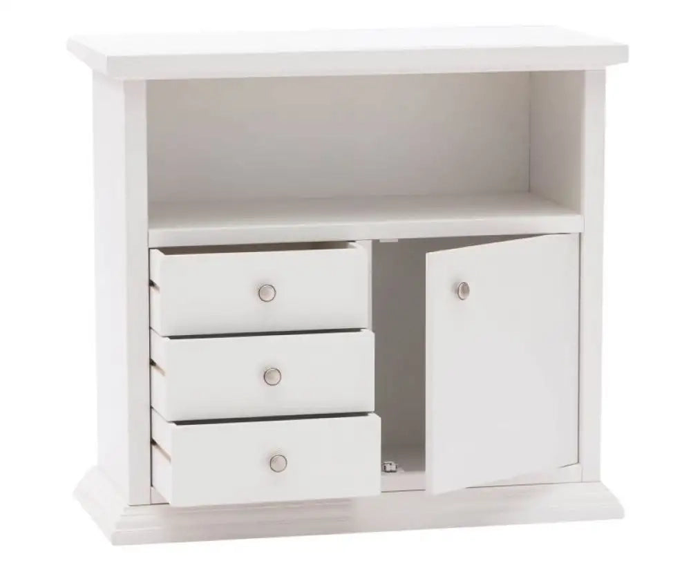 Mobile porta tv 1 anta 3 cassetti arte povera in legno massello e mdf con rifinitura in bianco 84x40x80 H