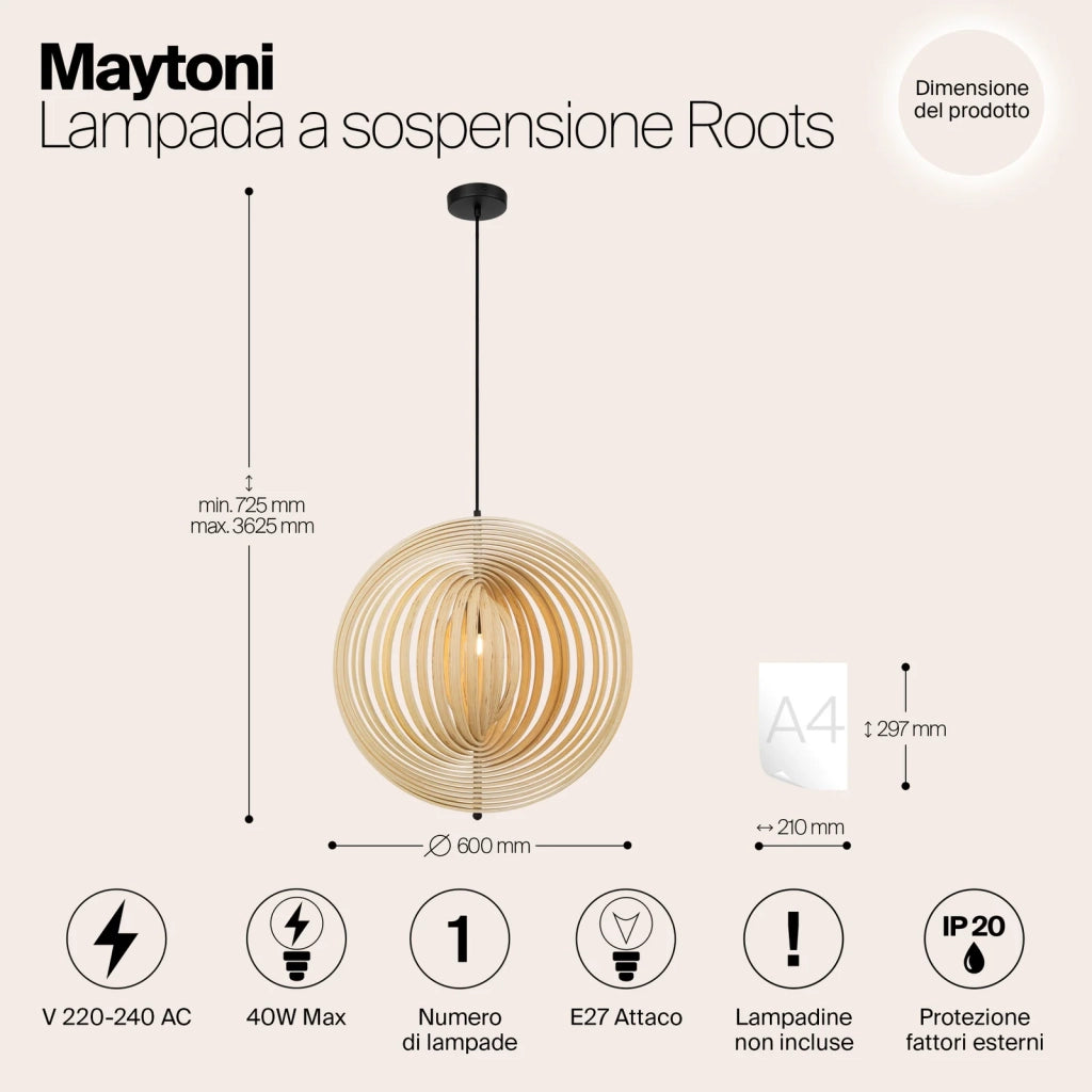 Maytoni lampada a sospensione moderna Roots 1 luce E27 metallo nero