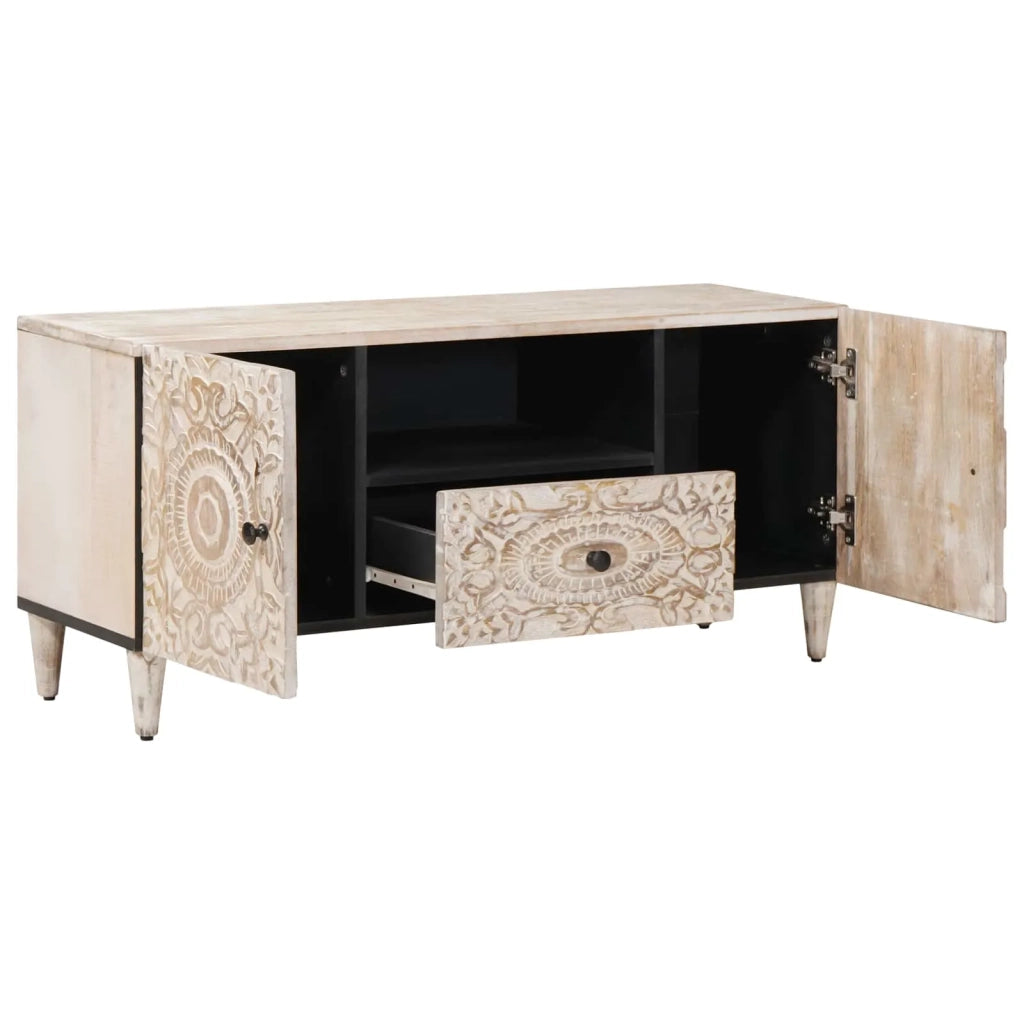 Mobile TV Bianco 105 x 33,5 x 46 cm Legno di mango massello 4018382