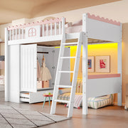 DESMIU Letto a soppalco per bambini singolo con LED, armadio e cassetto 90 × 200 cm, senza materasso, pino bianco