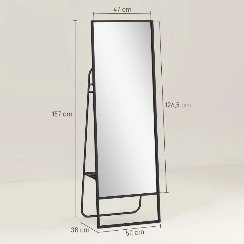 Specchio a figura intera industriale con ripiano posteriore e 2 ganci, 157 x 50 cm, nero