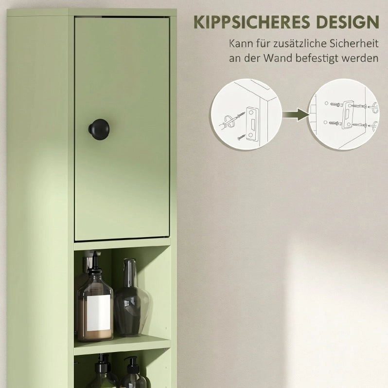 Mobile da bagno stretto verde con cassetto e 4 ripiani aperti 180x20x20 cm