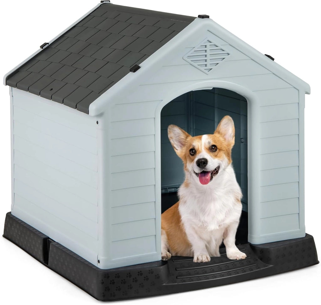 Cuccia per Cani da Esterno ed Interno, Casetta Impermeabile e Ventilata con Valvole d’Aria e Pavimento Rialzato, per Cani di Piccola e Media Taglia (Grigio, 70 x 65 x 71,5 cm)