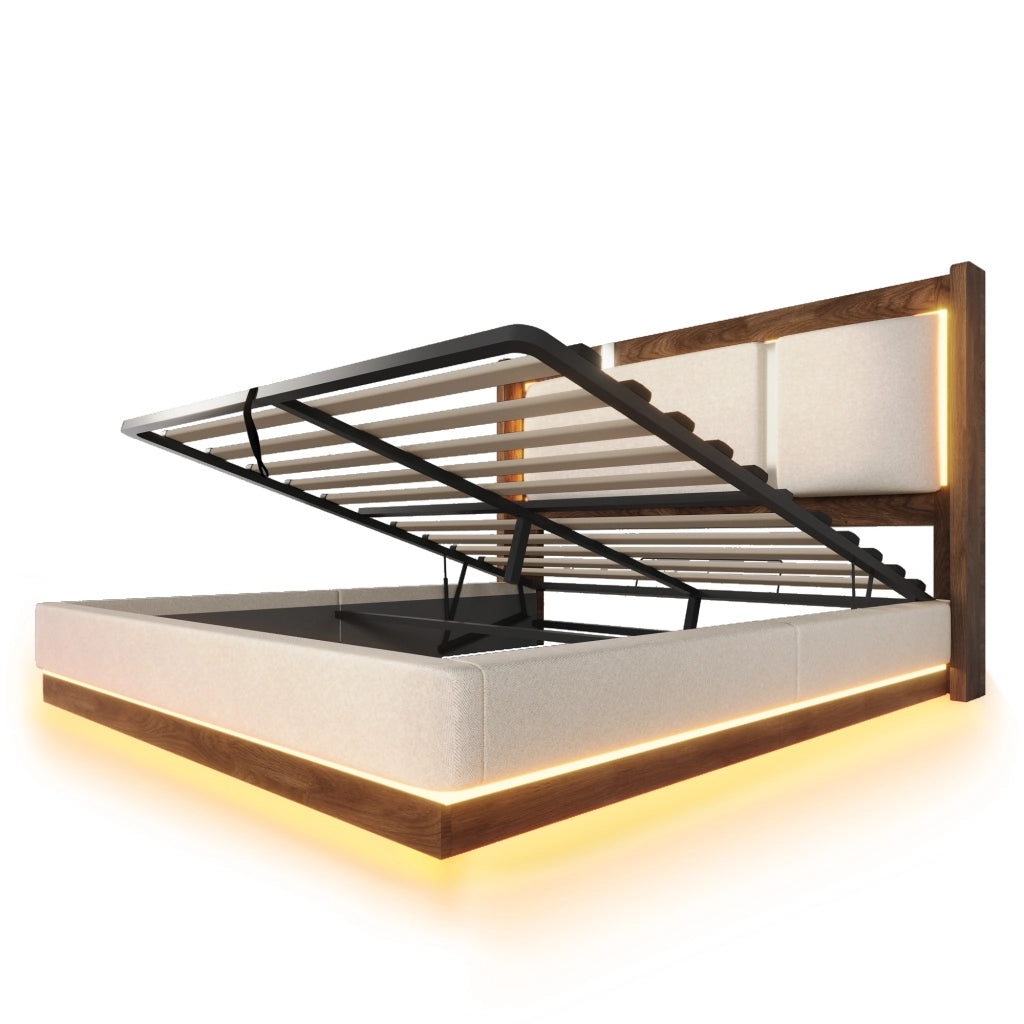 Letto Matrimoniale 140x200 cm; Contenitore; LED; in Lino e Legno; Beige e Noce