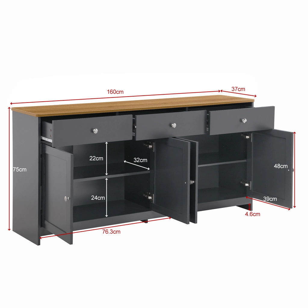 Credenza con 4 Ante e 3 Cassetti; Ripiani Regolabili; Stile Country; in MDF; Nero E Grigio; 160??37??75 cm