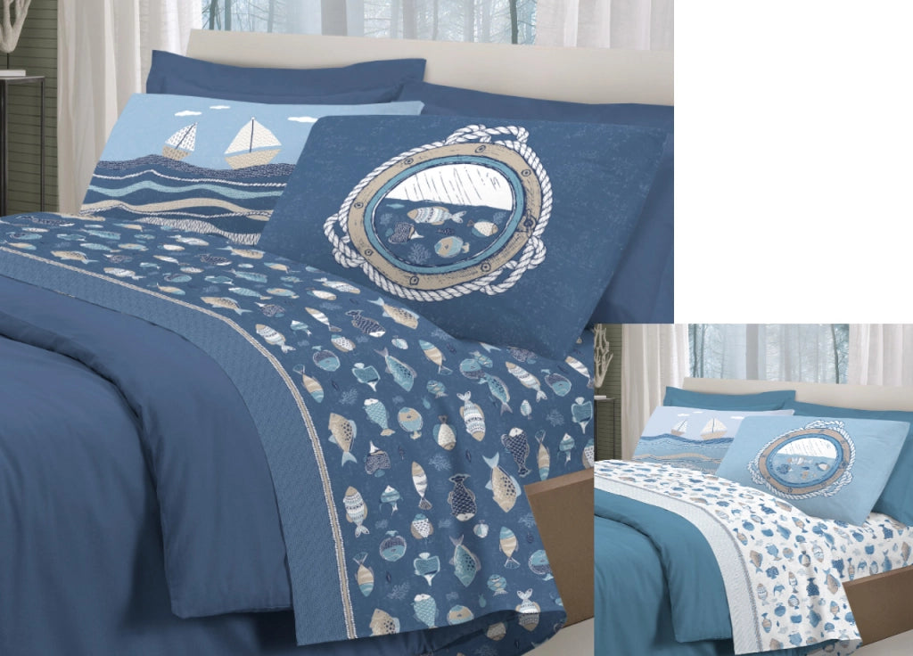 Completo Lenzuola Letto Pensieri Delicati 100% Cotone Disegno Oceano - Singolo - Blu
