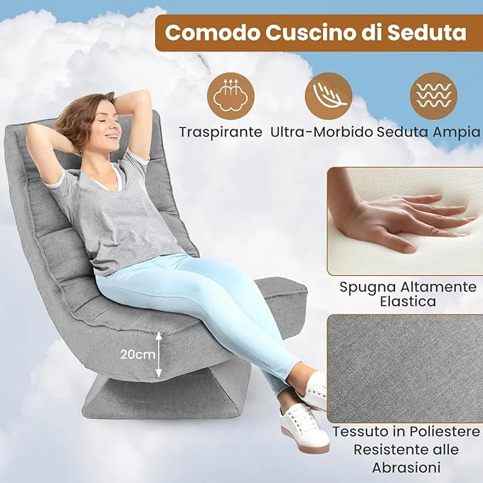 Chaise longue da Pavimento Pieghevole, Sedia da Gioco da Pavimento con Schienale Regolabile in 5 Posizioni, Divano Reclinabile da Interno (Grigio)