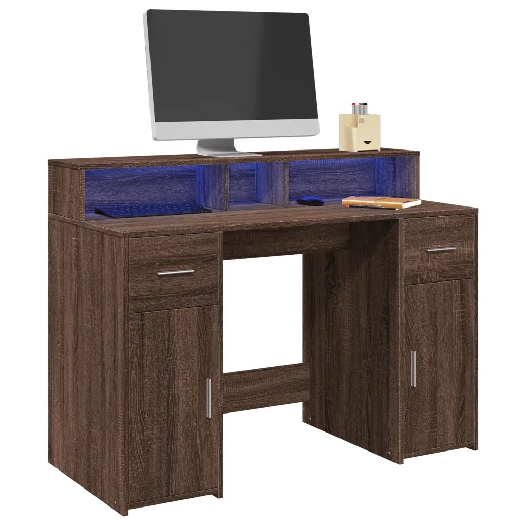 Scrivania | Tavolo da Ufficio con Luci LED Marrone Rovere 120x55x91 cm Multistrato