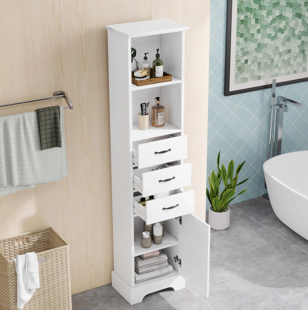 Mobile bagno 38x26x172.5 cm con ripiani regolabili; resistente all'acqua e all'umidità in MDF bianco