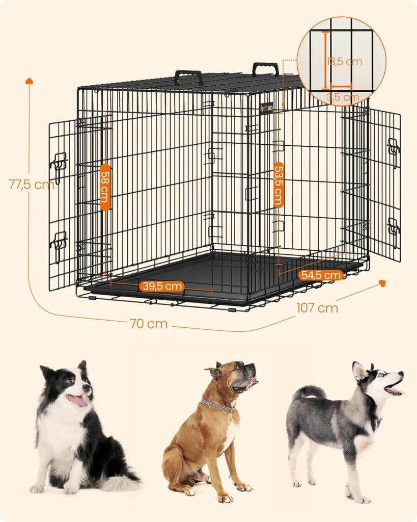 Feandrea Gabbia per Cani Pieghevole, con 2 Porte, Vassoio Rimovibile, 107 x 70 x 77,5 cm, XL, Nero PPD42H