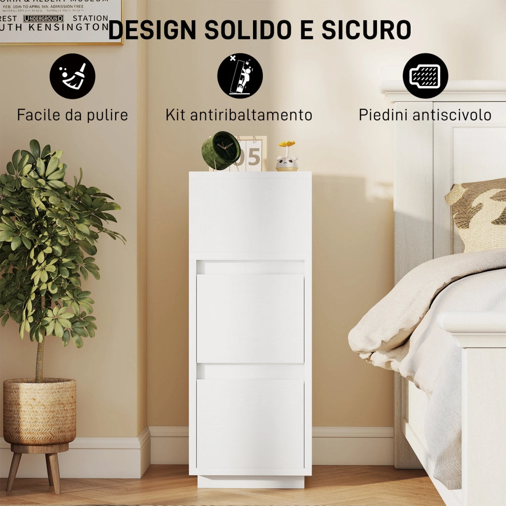 Set di 2 Comodini con 2 Cassetti e Ripiano Aperto Moderni e Salvaspazio, 25x30x65 cm, Bianco