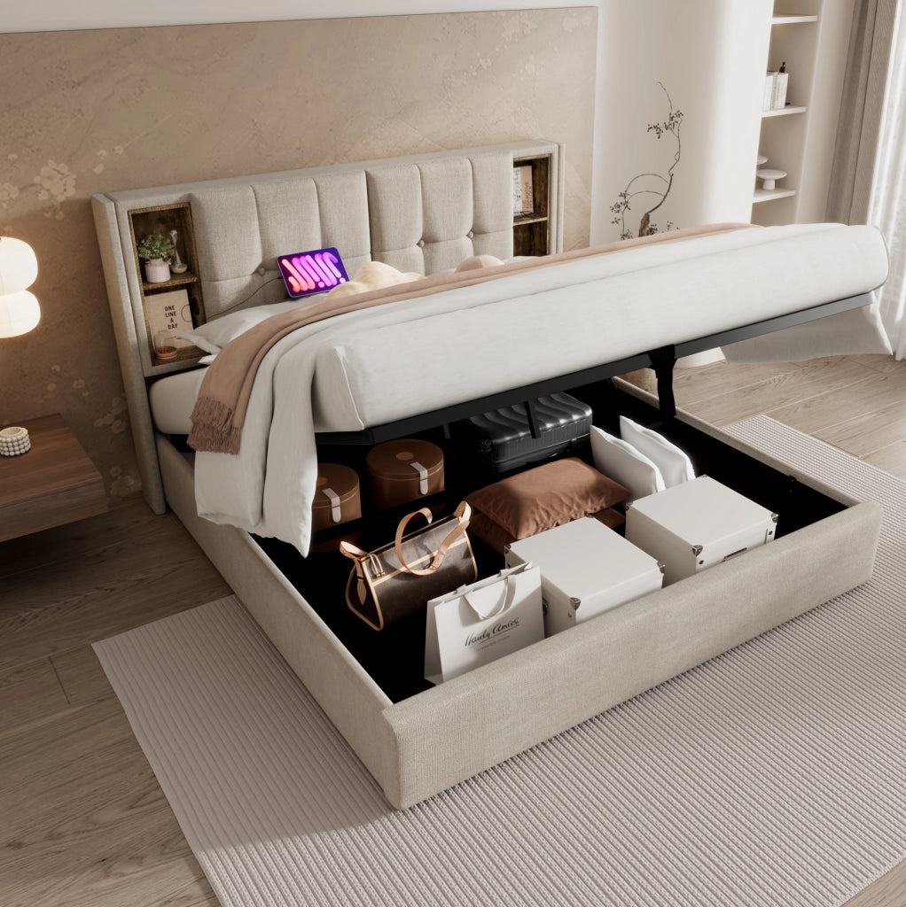 Letto matrimoniale 140x200 cm con contenitore; ricarica wireless USB e USB-C; lino naturale