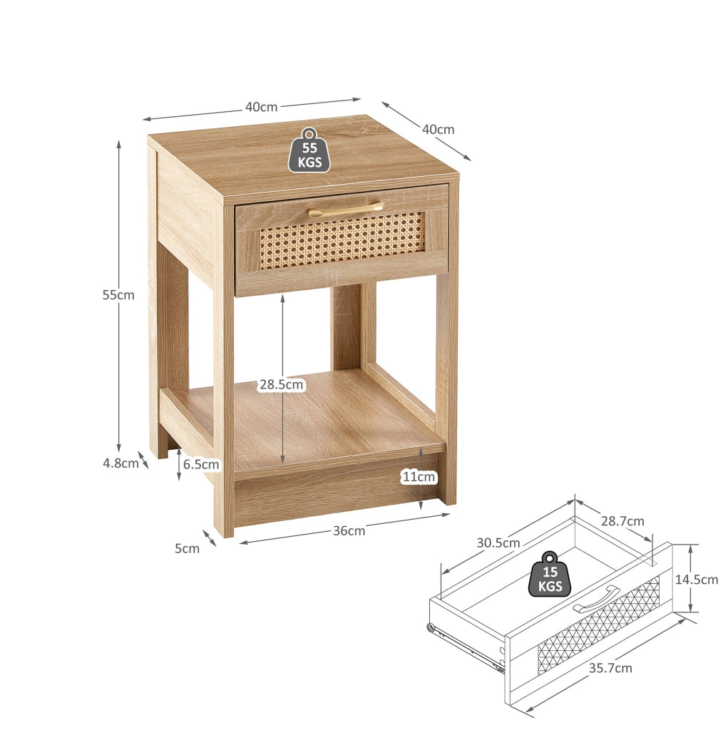Comodino in rattan con cassetto in MDF naturale