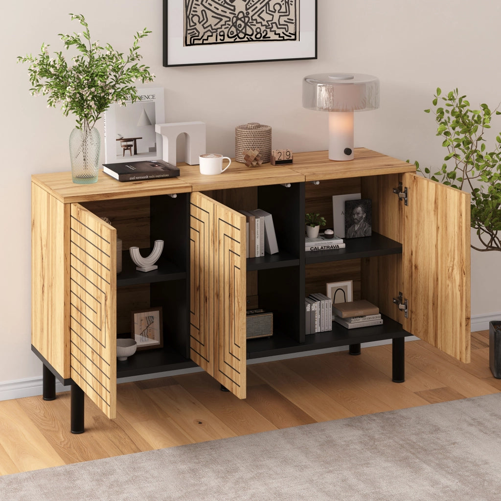 Credenza con 3 ante e 6 vani, apertura push-open, motivo a onde, per soggiorno e sala da pranzo, 120 × 35 × 68 cm
