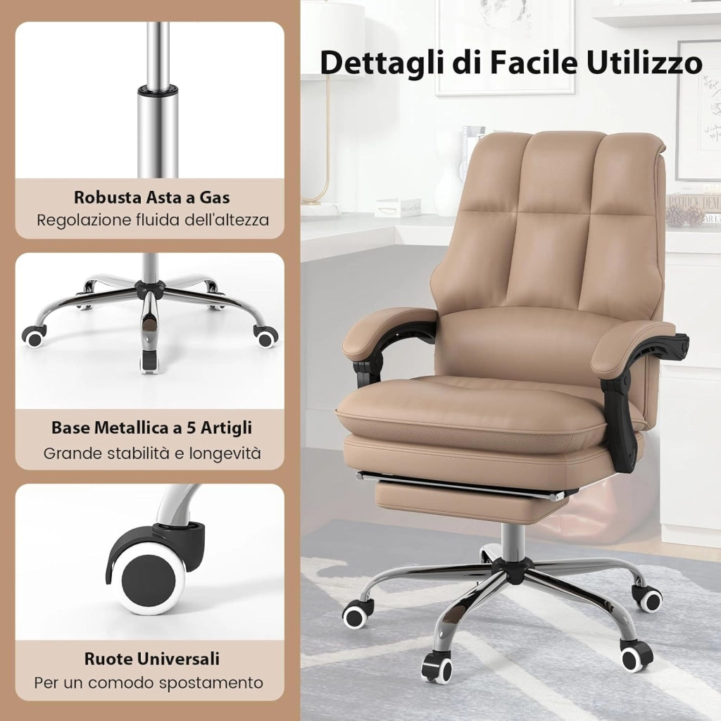 Sedia da Ufficio Ergonomica, Sedia per Computer con Sedile Girevole Regolabile, Schienale Reclinabile, Braccioli Collegati e Poggiapiedi Retrattile, Portata 136 kg